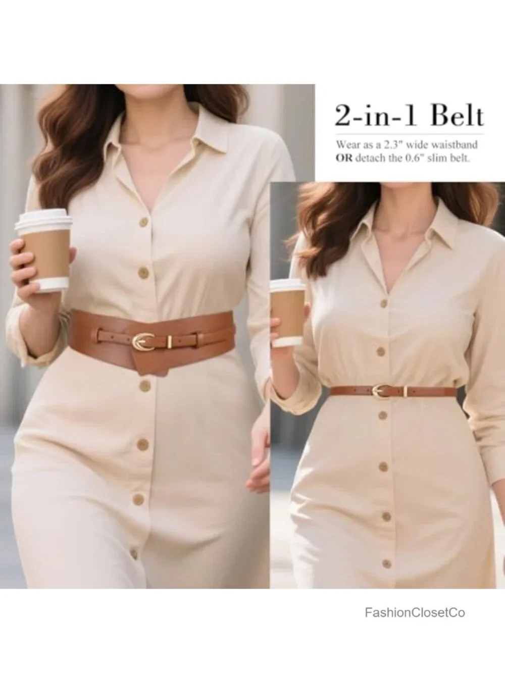 Women's 2-in-1 Wide PU Leather Belt with Detachable Skinny Belt
